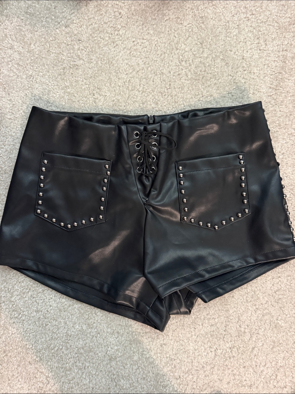 Urban Outfitters Black Faux Leather High-Waist Lace-Up Studded Shorts